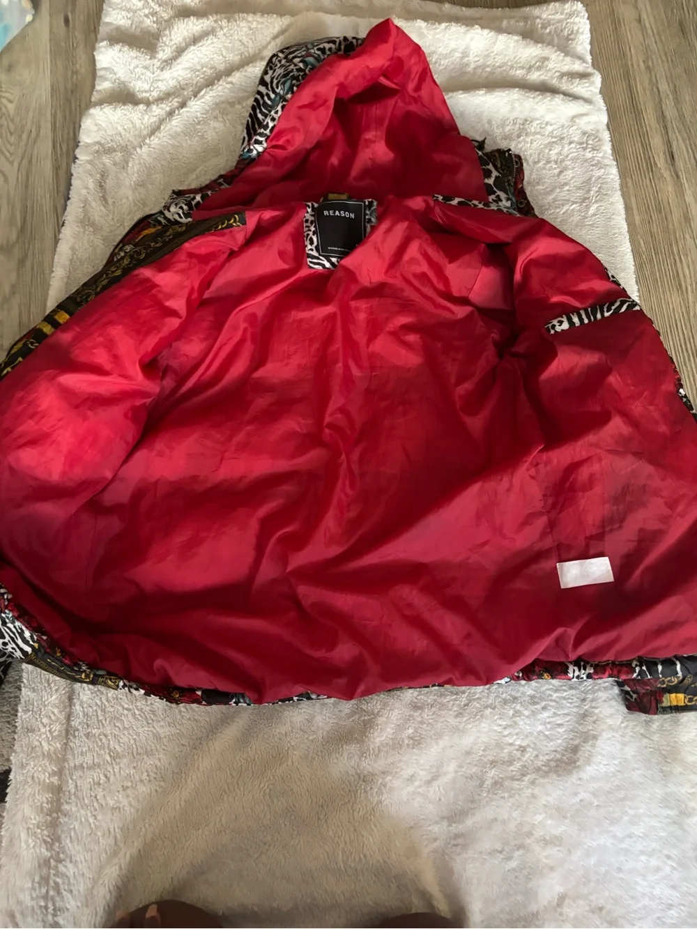 Reason Kids Floral & Animal Print Puffer Jacket in Red, Black, White